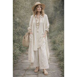 Linen Bld Striped Maxi Shirt Dress Beige White Gibson Latimer Women XL Lagenlook